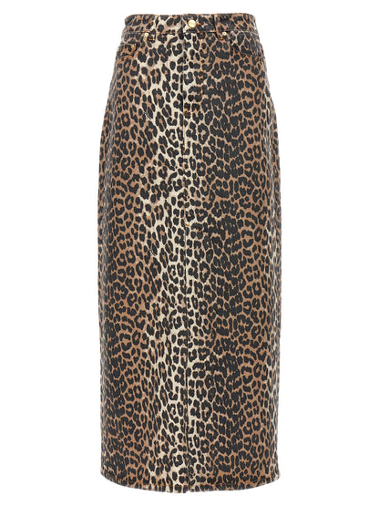 Ganni Animal Print Long Skirt Brown