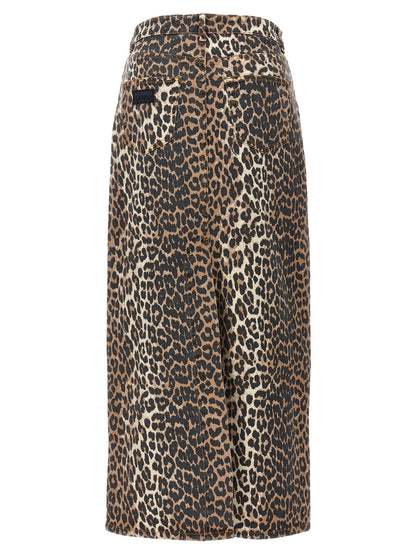 Ganni Animal Print Long Skirt Brown