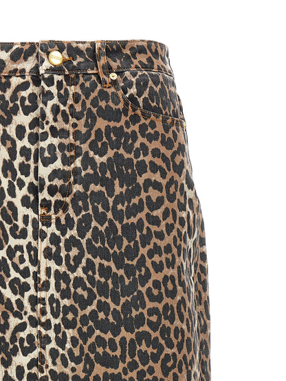Ganni Animal Print Long Skirt Brown