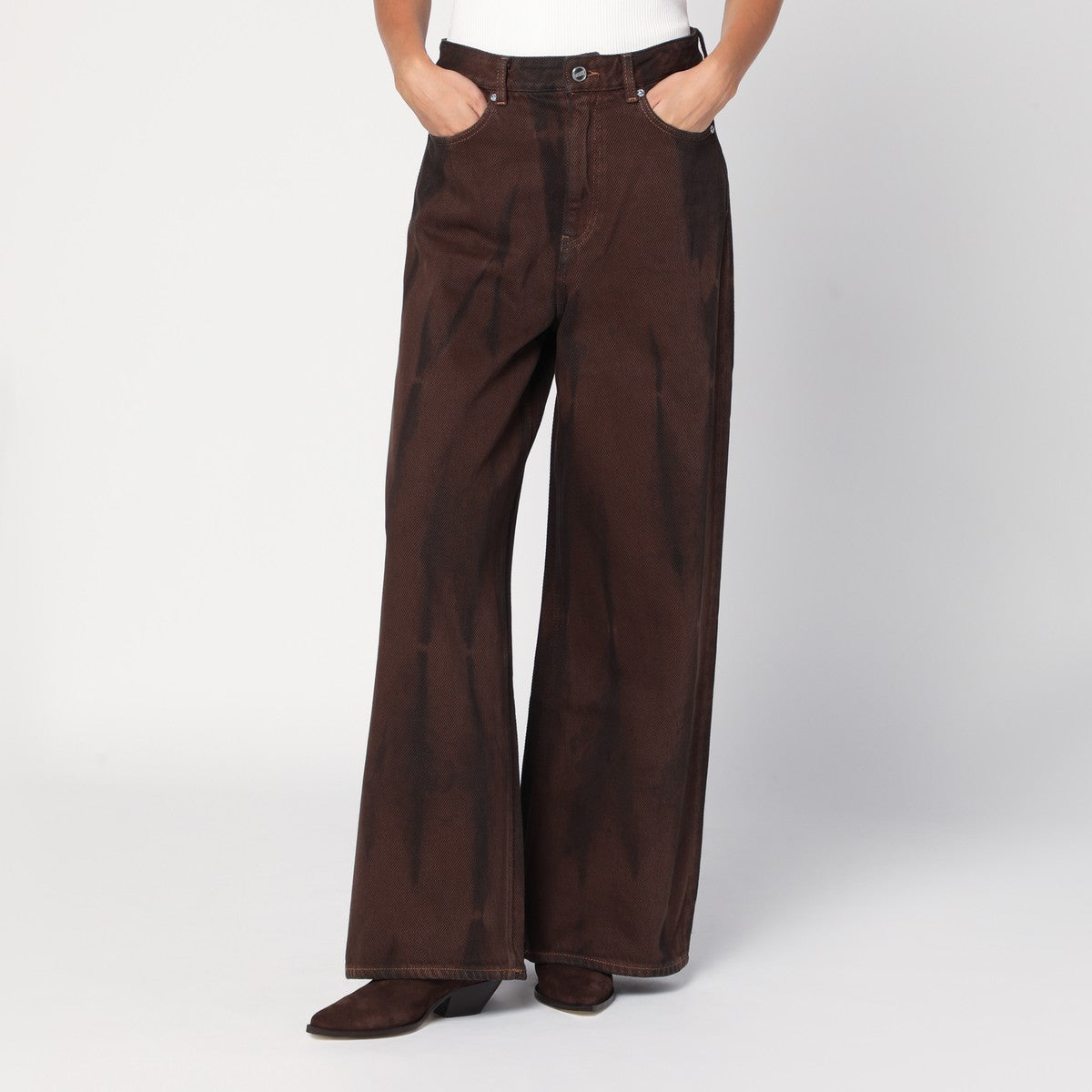 Ganni Wide-Leg High-Waisted Brown Denim Jeans Brown