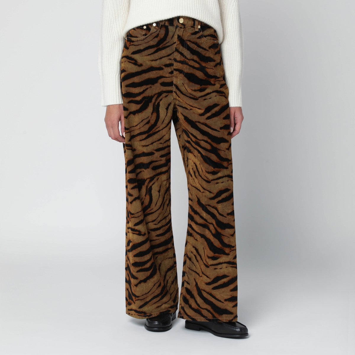 Ganni Zebra-Print Baggy Jeans in Khaki Green