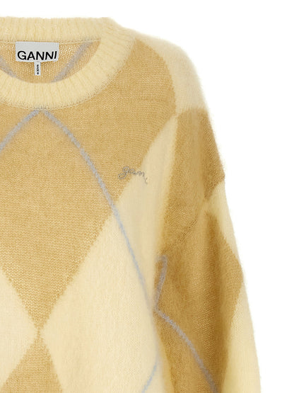 Ganni Logo Embroidery Diamond Sweater Yellow