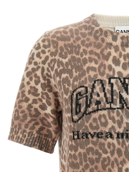 Ganni Leopard Wool Mix T-shirt Brown