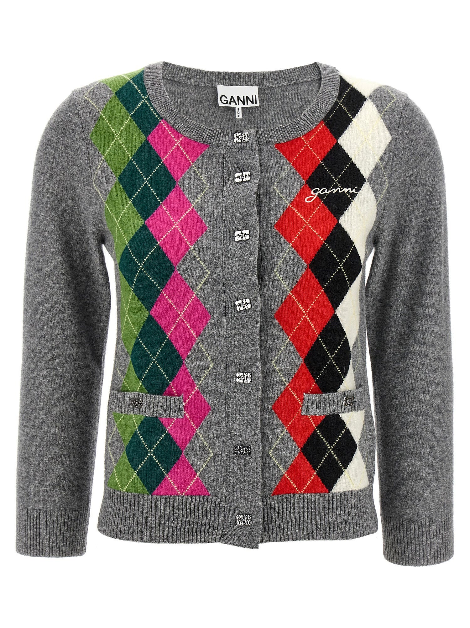 Ganni Grey Check Cardigan Gray