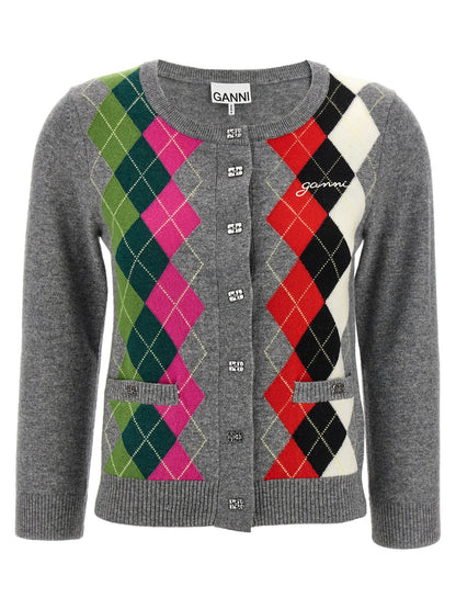 Ganni Grey Check Cardigan Gray
