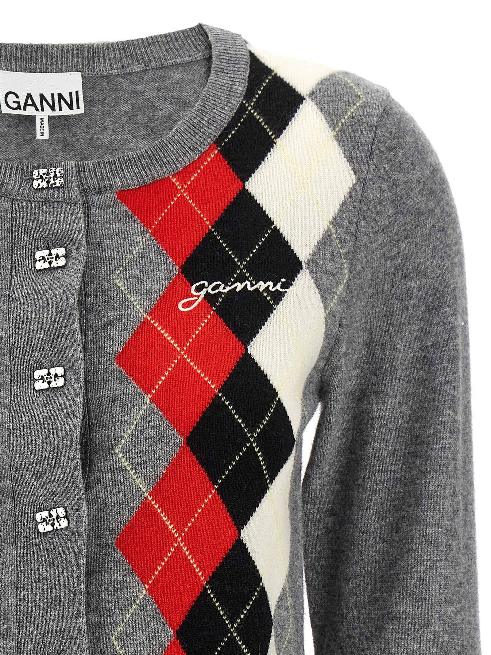 Ganni Grey Check Cardigan Gray