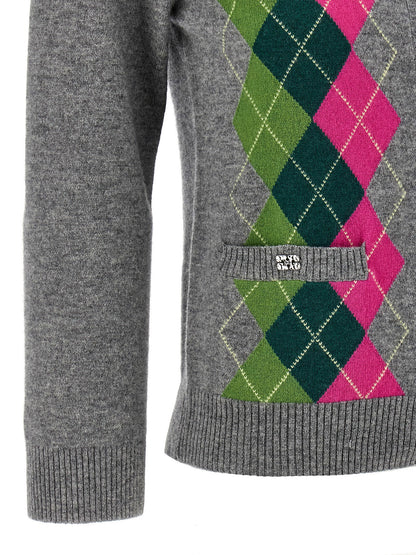 Ganni Grey Check Cardigan Gray