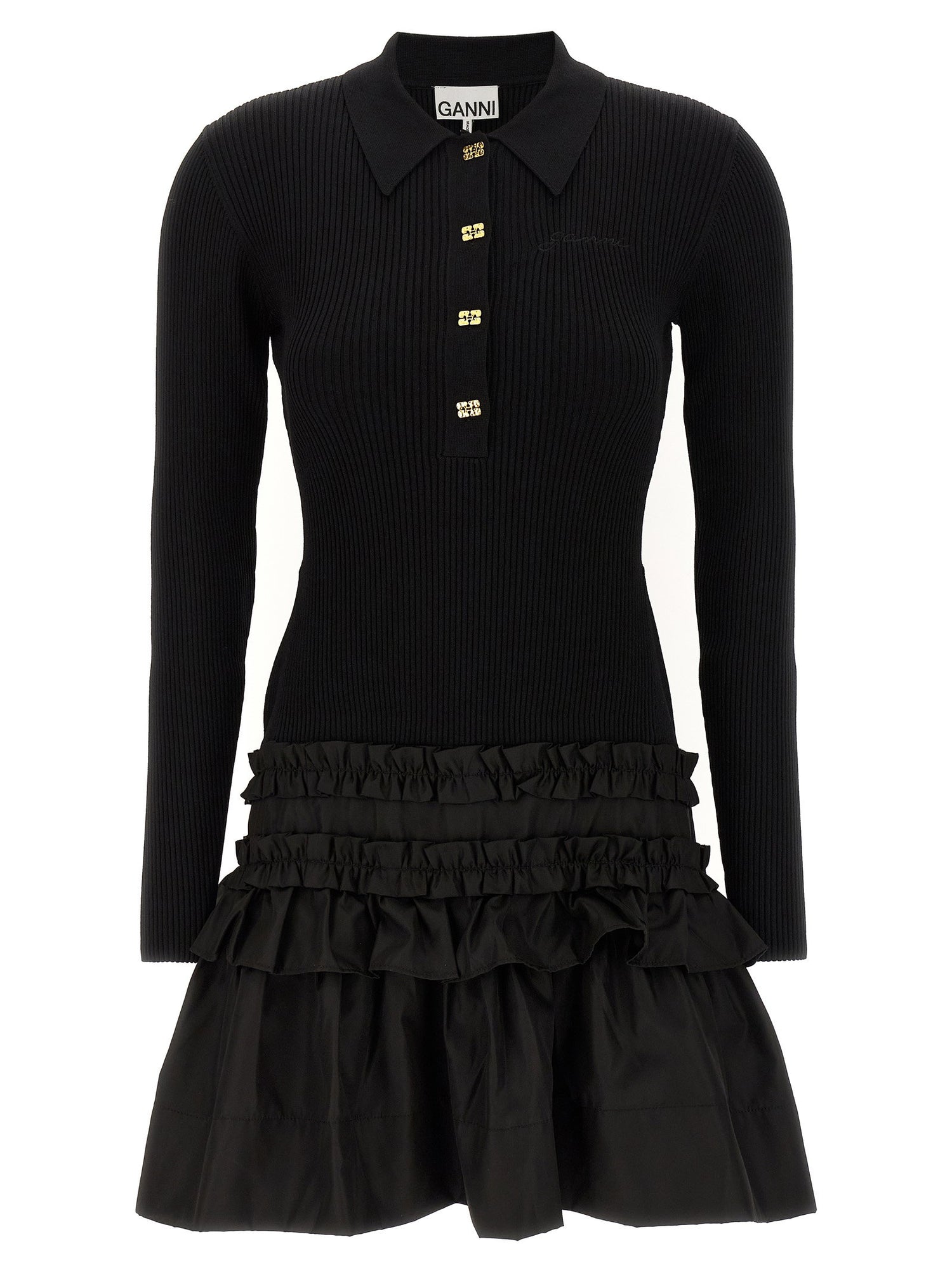 Ganni Melange Rib Knit Mini Dress Black