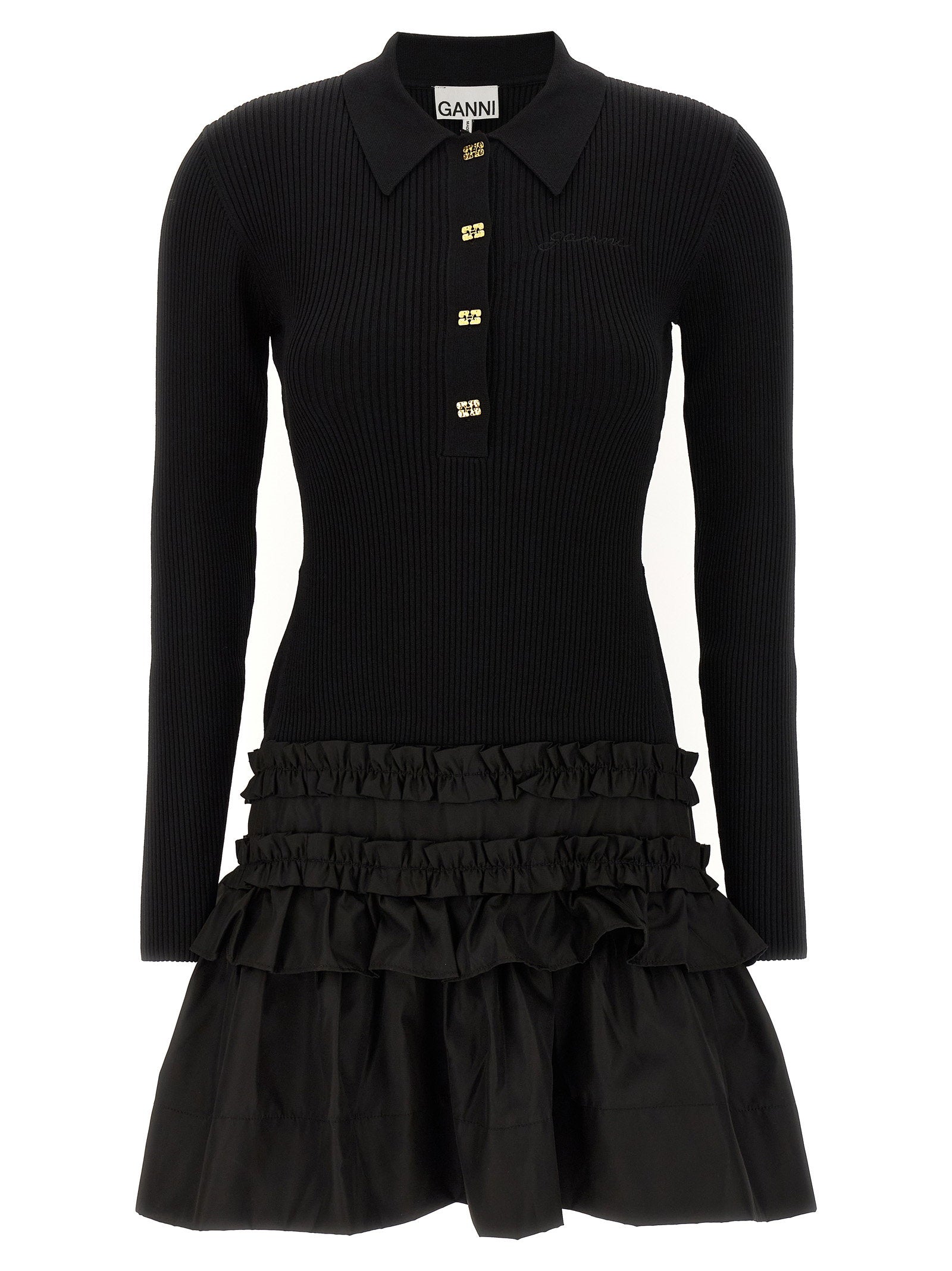 Ganni Melange Rib Knit Mini Dress Black