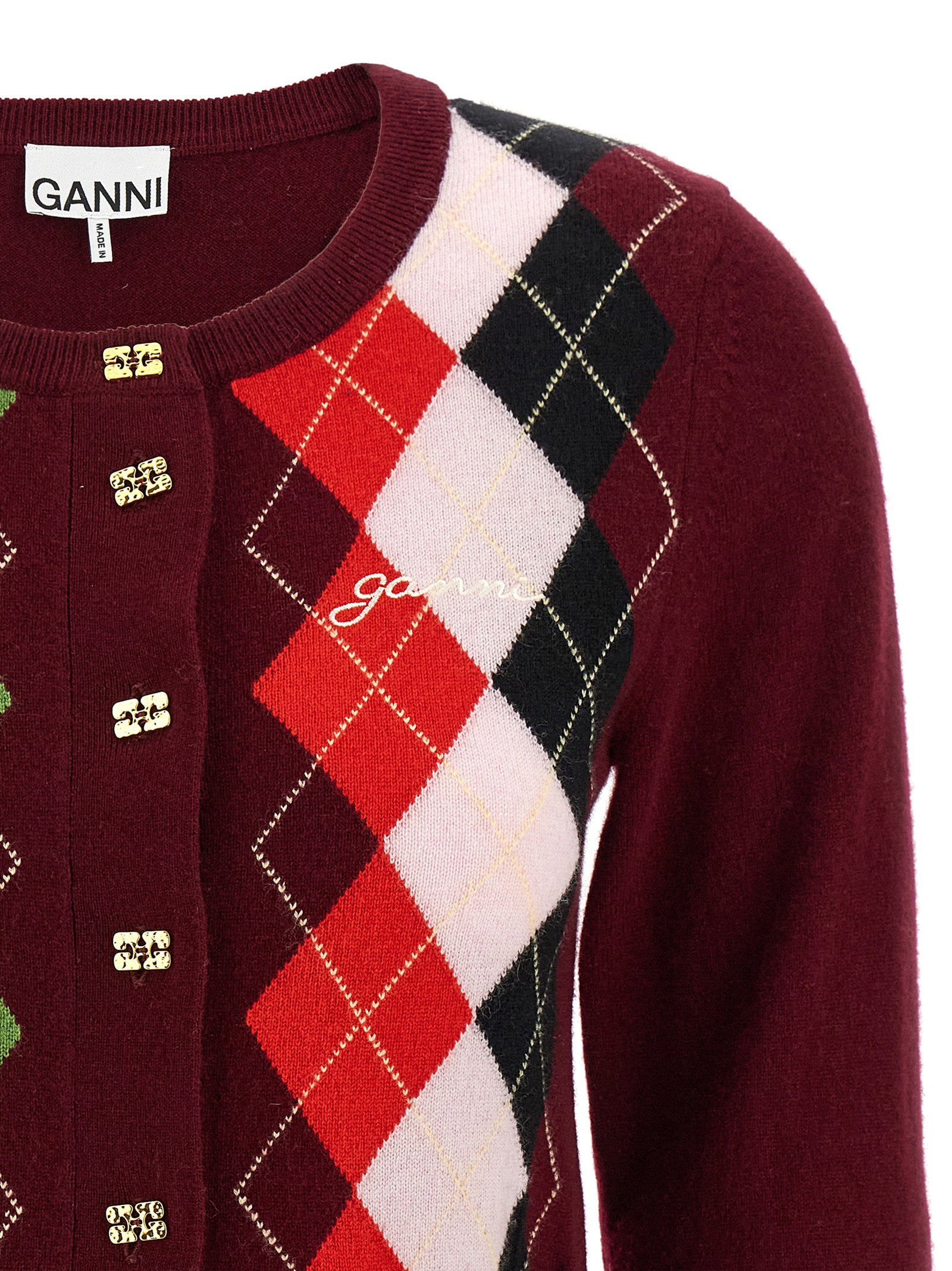 Ganni Burgundy Check Cardigan Bordeaux