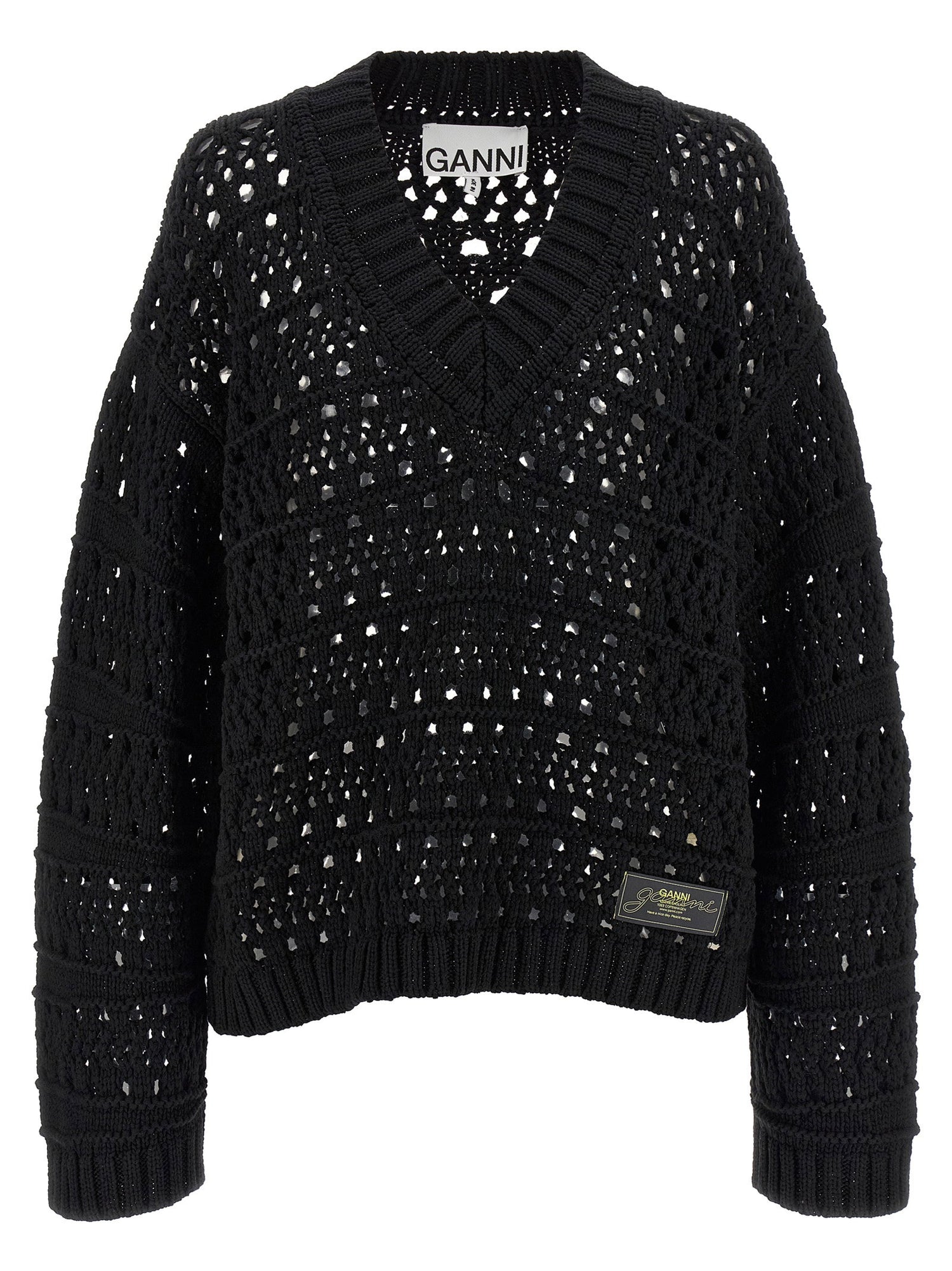Ganni Black Crochet V-neck Sweater Black