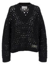 Ganni Black Crochet V-neck Sweater Black