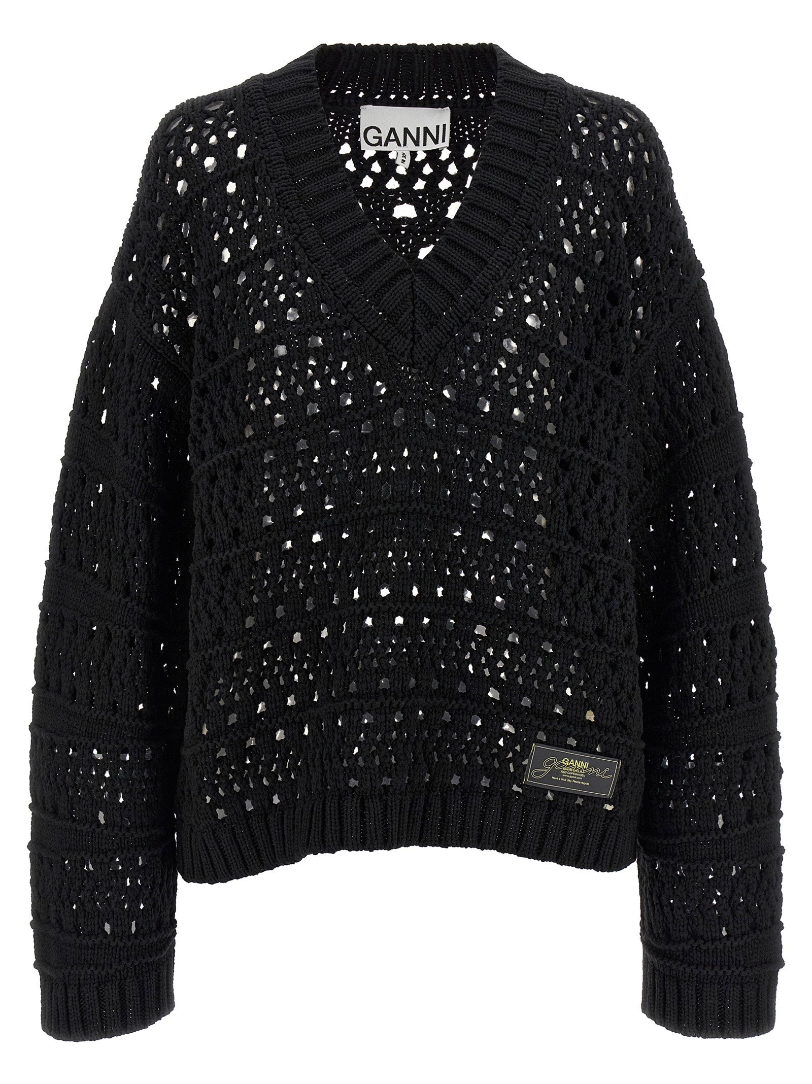 Ganni Black Crochet V-neck Sweater Black