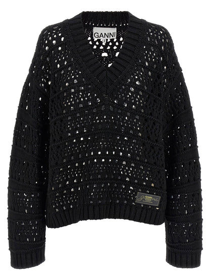 Ganni Black Crochet V-neck Sweater Black