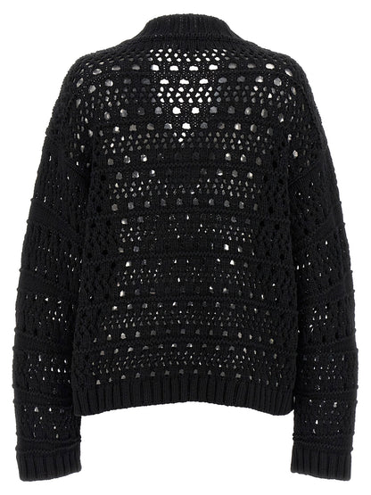 Ganni Black Crochet V-neck Sweater Black