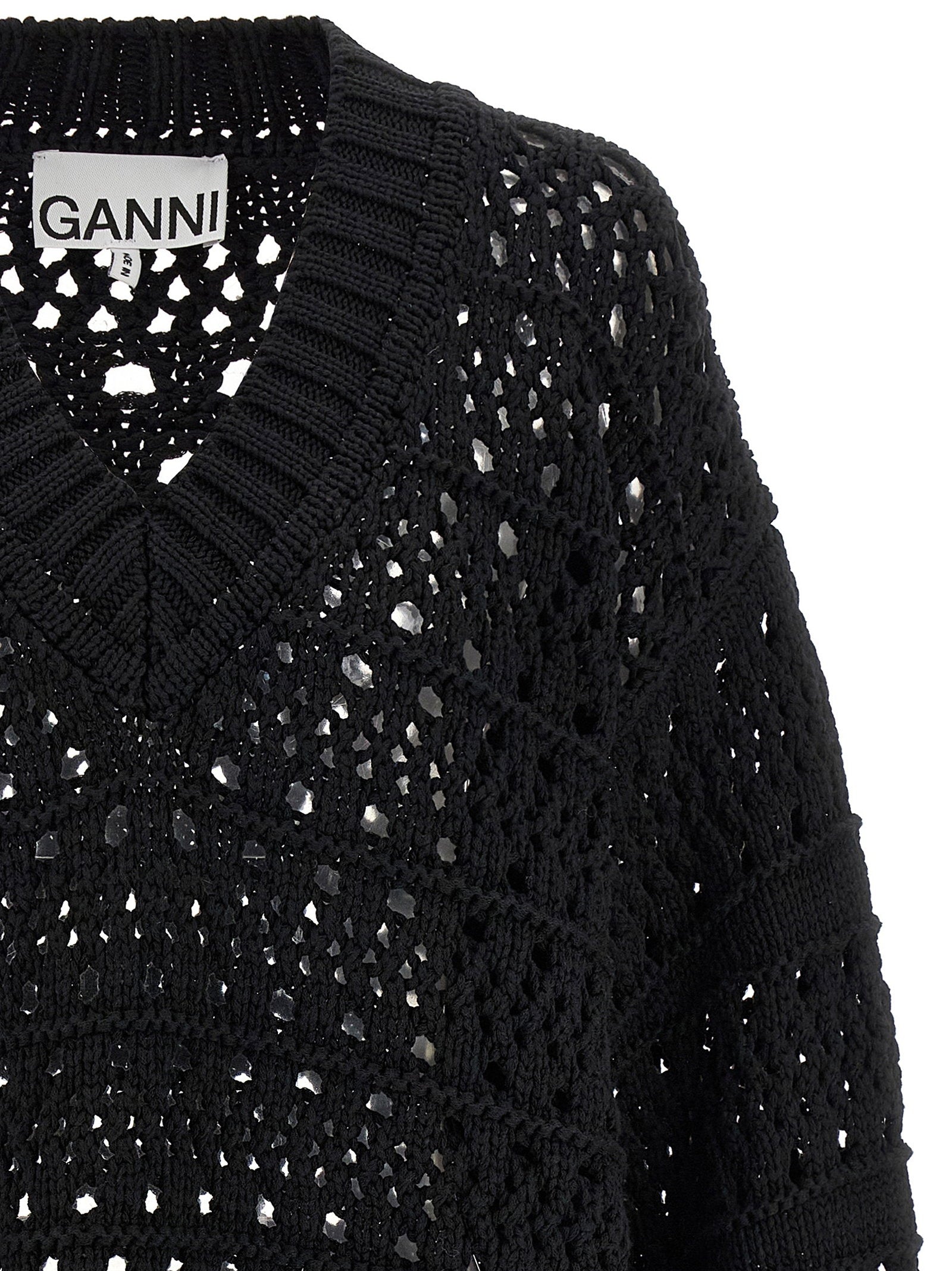 Ganni Black Crochet V-neck Sweater Black