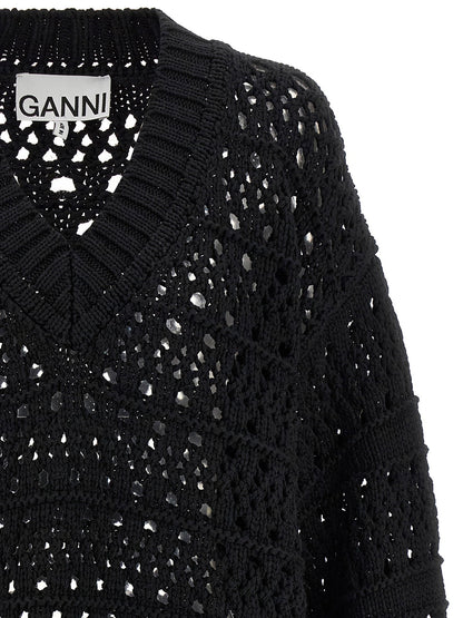 Ganni Black Crochet V-neck Sweater Black