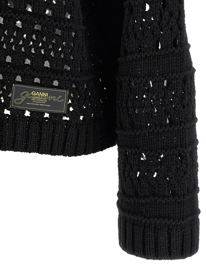 Ganni Black Crochet V-neck Sweater Black