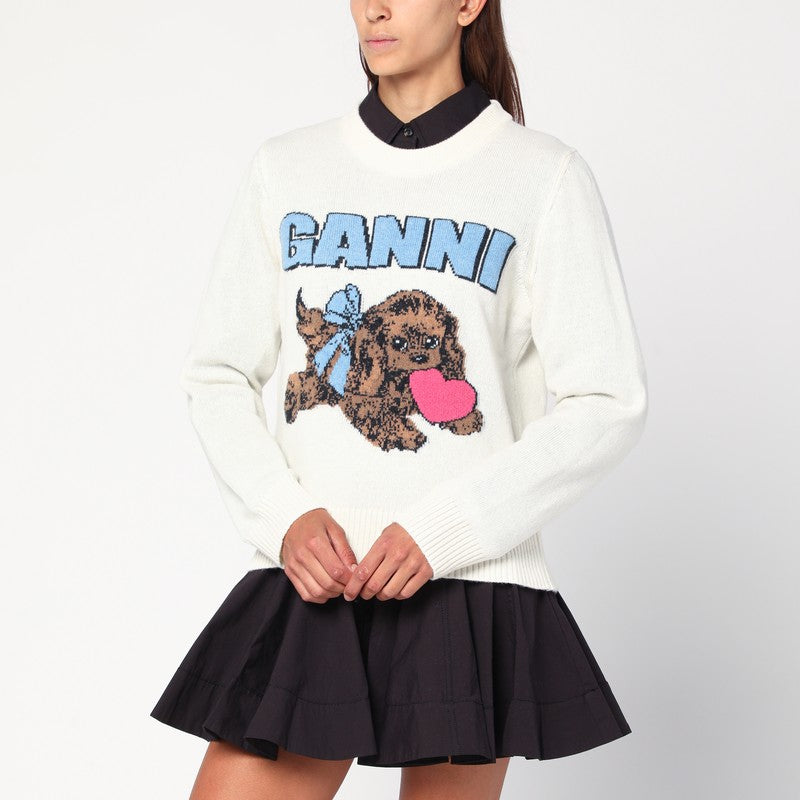 Ganni Ivory Wool-Blend Puppy Intarsia Sweater Beige