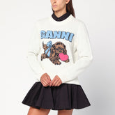 Ganni Ivory Wool-Blend Puppy Intarsia Sweater Beige