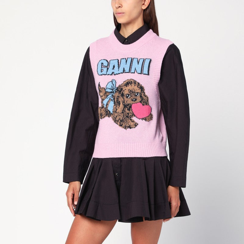 Ganni Pink Puppy Intarsia Wool-Blend Vest Pink