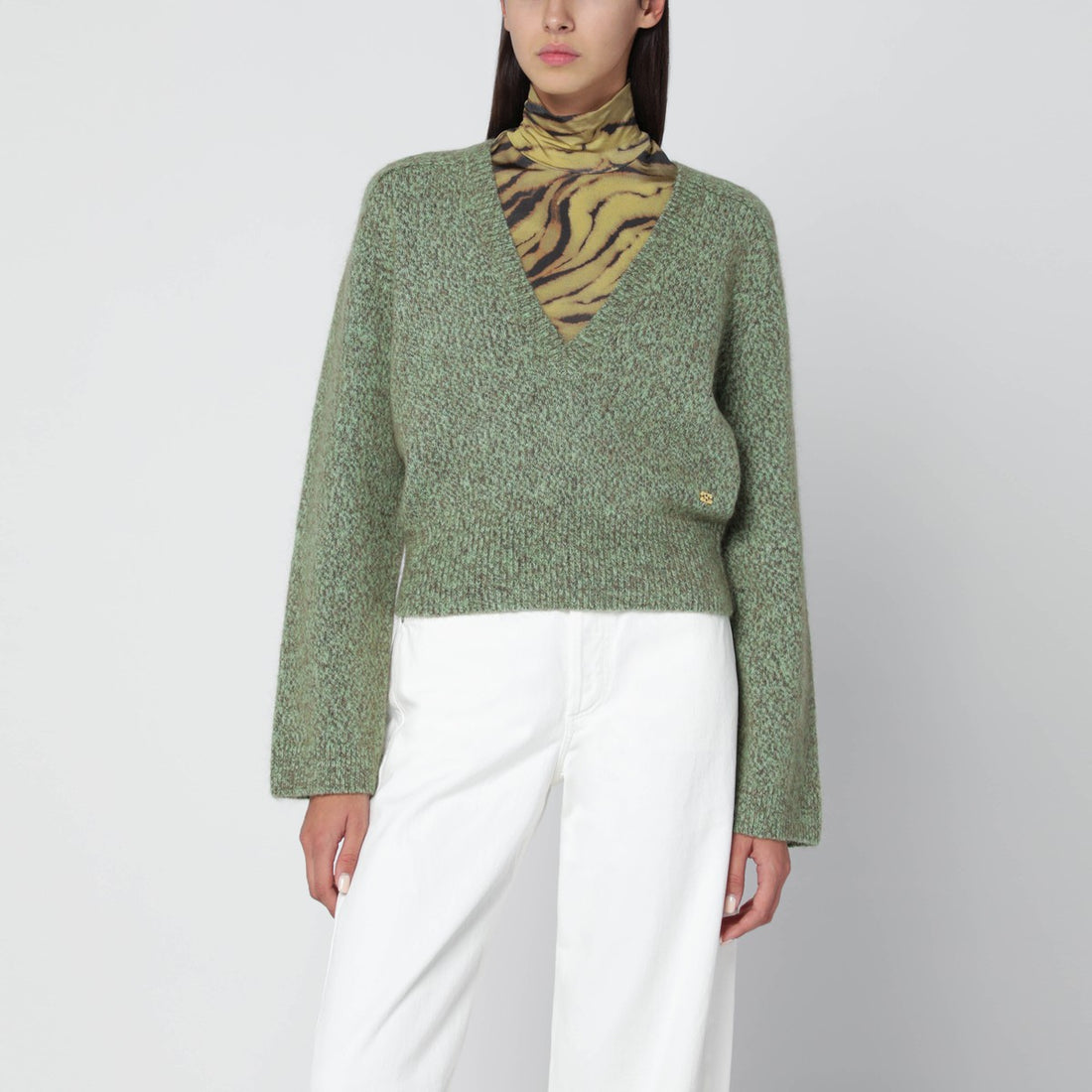 Ganni Green Wool-Blend Textured V-Neck Sweater Green
