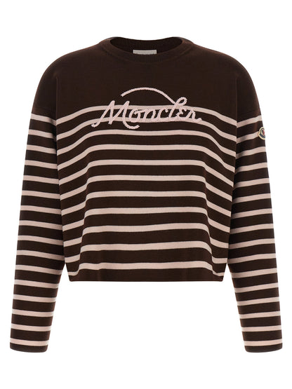 Moncler Striped Sweater With Embroidery Brown