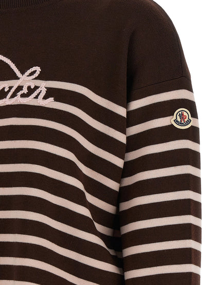 Moncler Striped Sweater With Embroidery Brown