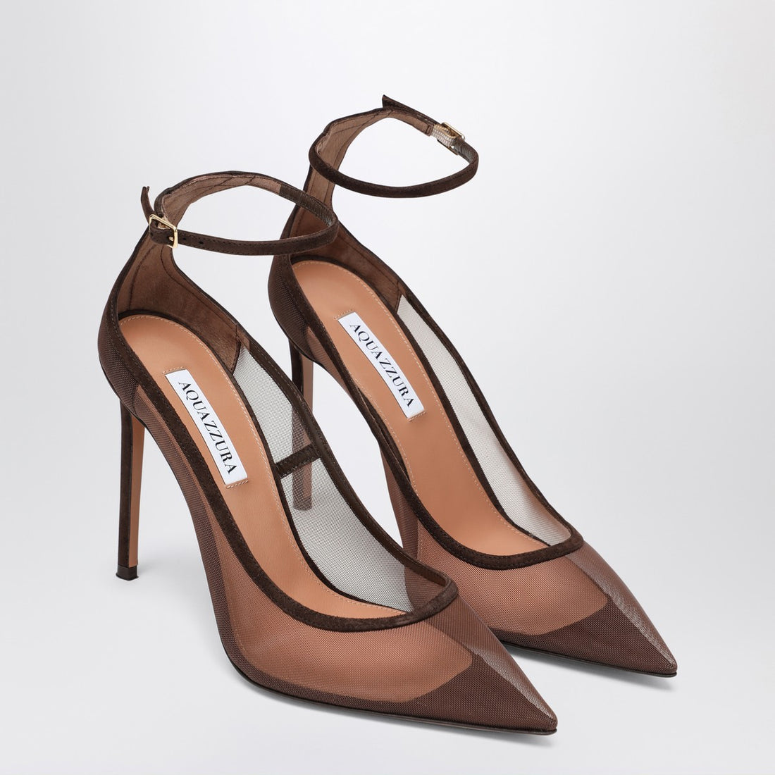 Aquazzura Love Affair 85 Mesh and Brown Suede Pumps Brown