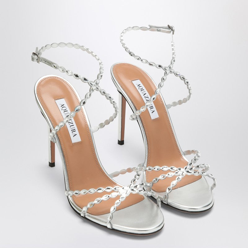 Aquazzura Love Struck Silver Crystal-Embellished Leather Sandals Metal