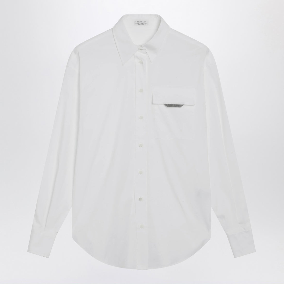 Brunello Cucinelli White Stretch Cotton Poplin Shirt with Shiny Monile Flap Detail White