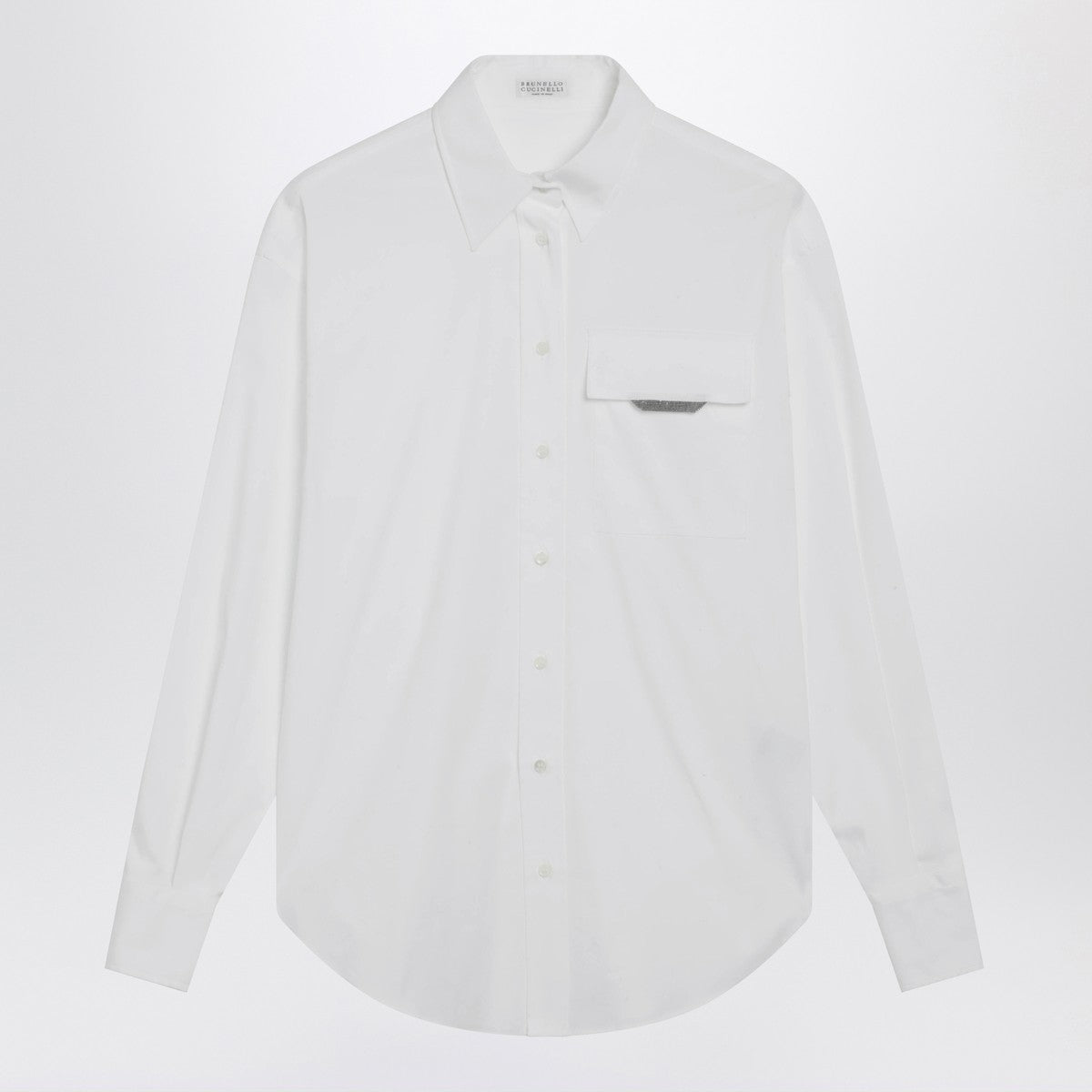 Brunello Cucinelli White Stretch Cotton Poplin Shirt with Shiny Monile Flap Detail White