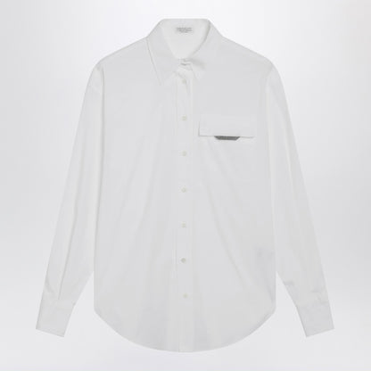 Brunello Cucinelli White Stretch Cotton Poplin Shirt with Shiny Monile Flap Detail White