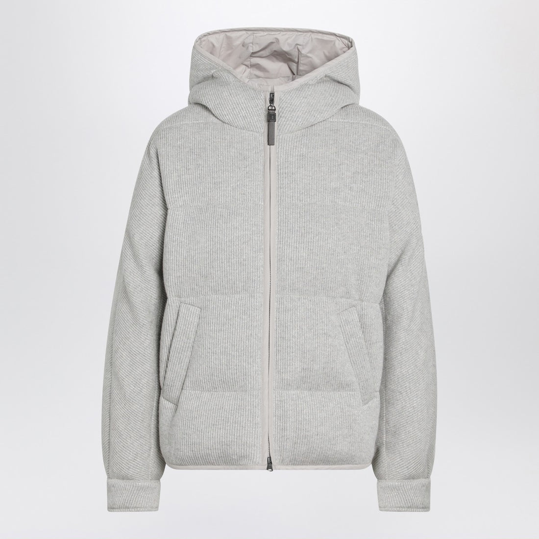 Brunello Cucinelli Greige Cashmere-Blend Down Jacket with Lamé Hood Grey