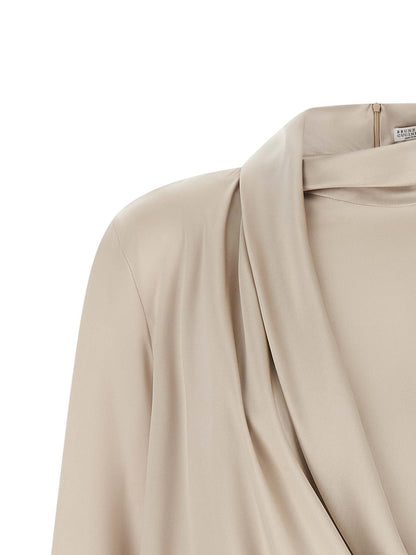 Brunello Cucinelli Asymmetric Draped Blouse Beige