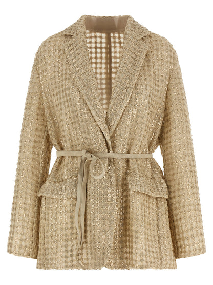 Brunello Cucinelli Dazzling Net Embroidery Organza Blazer Beige