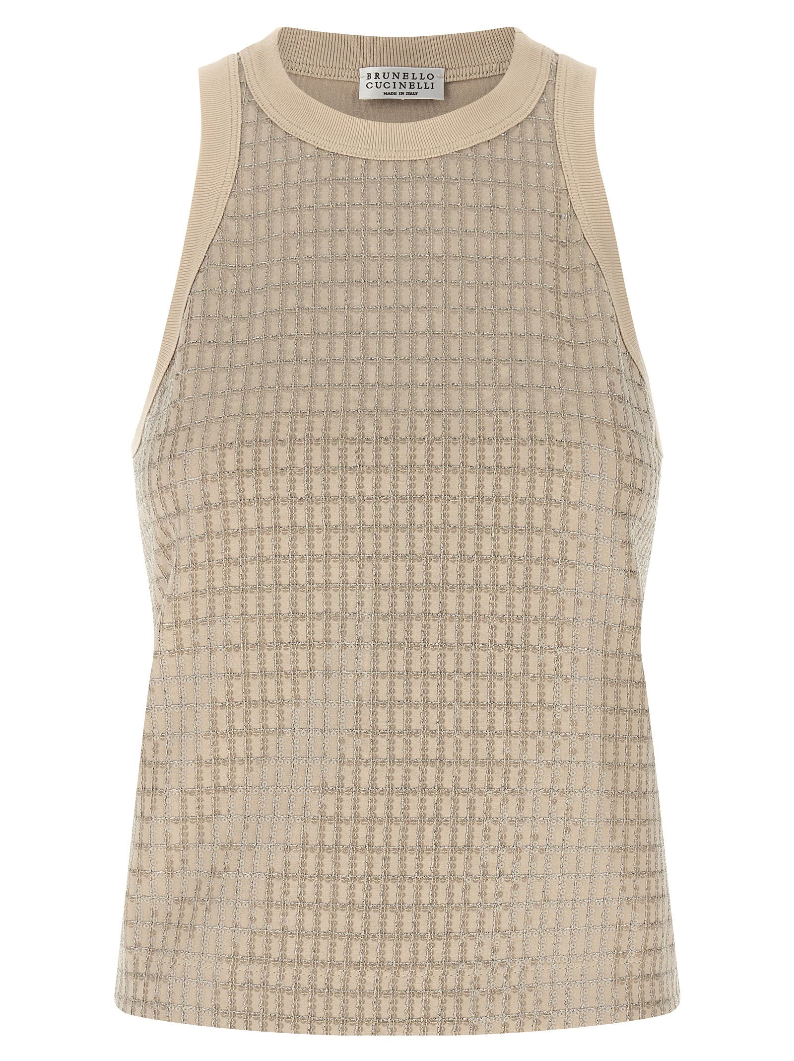 Brunello Cucinelli Dazzling Check Embroidery Top Beige