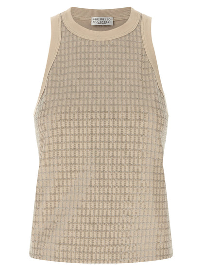 Brunello Cucinelli Dazzling Check Embroidery Top Beige
