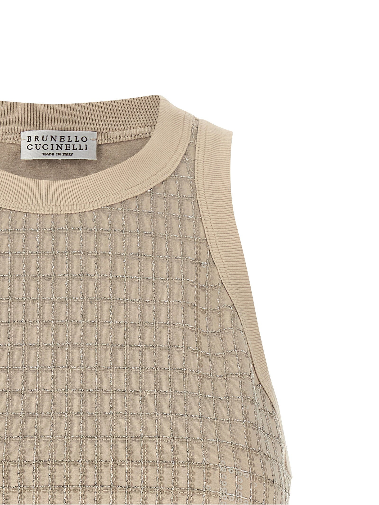 Brunello Cucinelli Dazzling Check Embroidery Top Beige