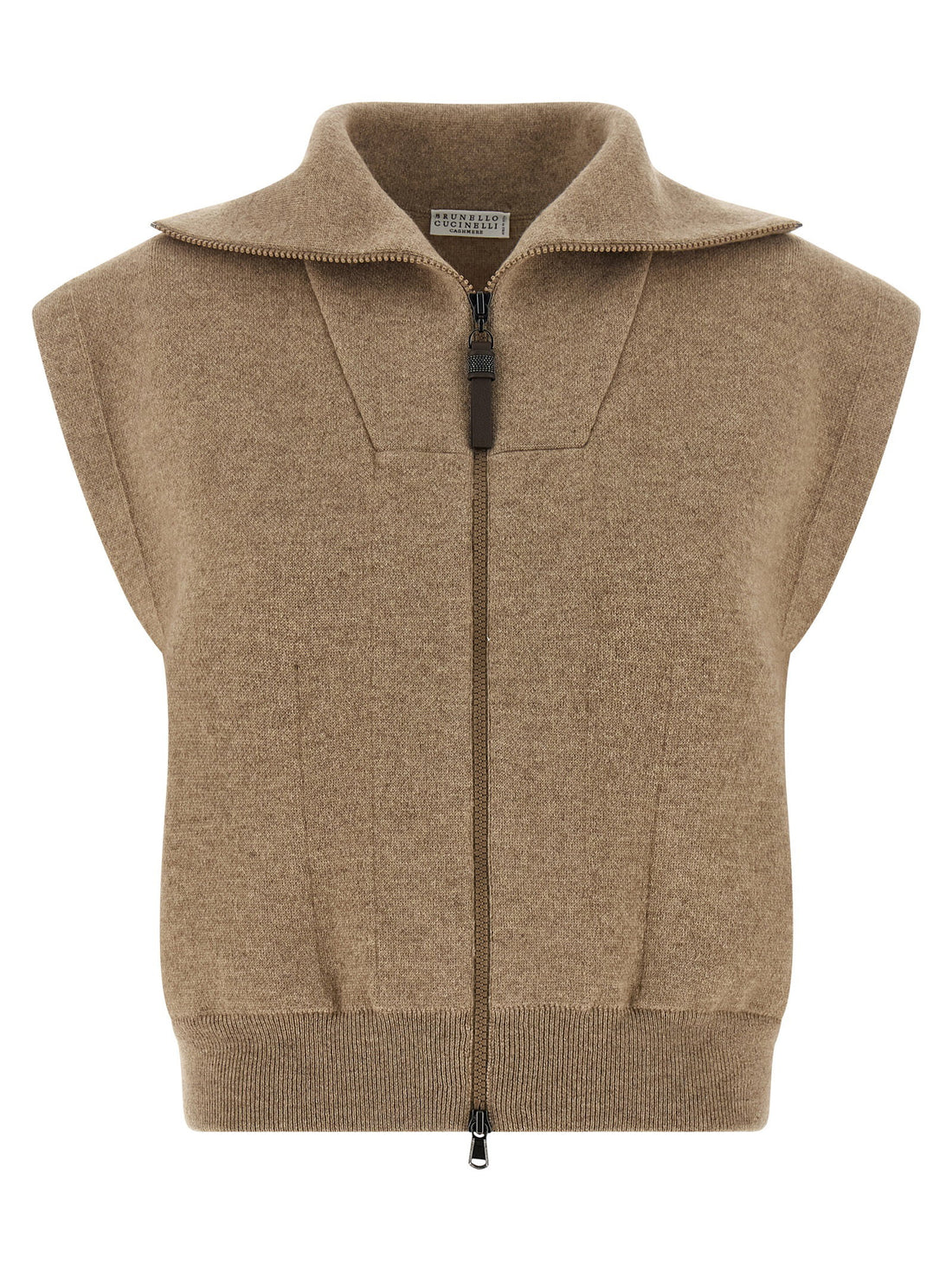 Brunello Cucinelli Shiny Zipper Pull Vest Beige