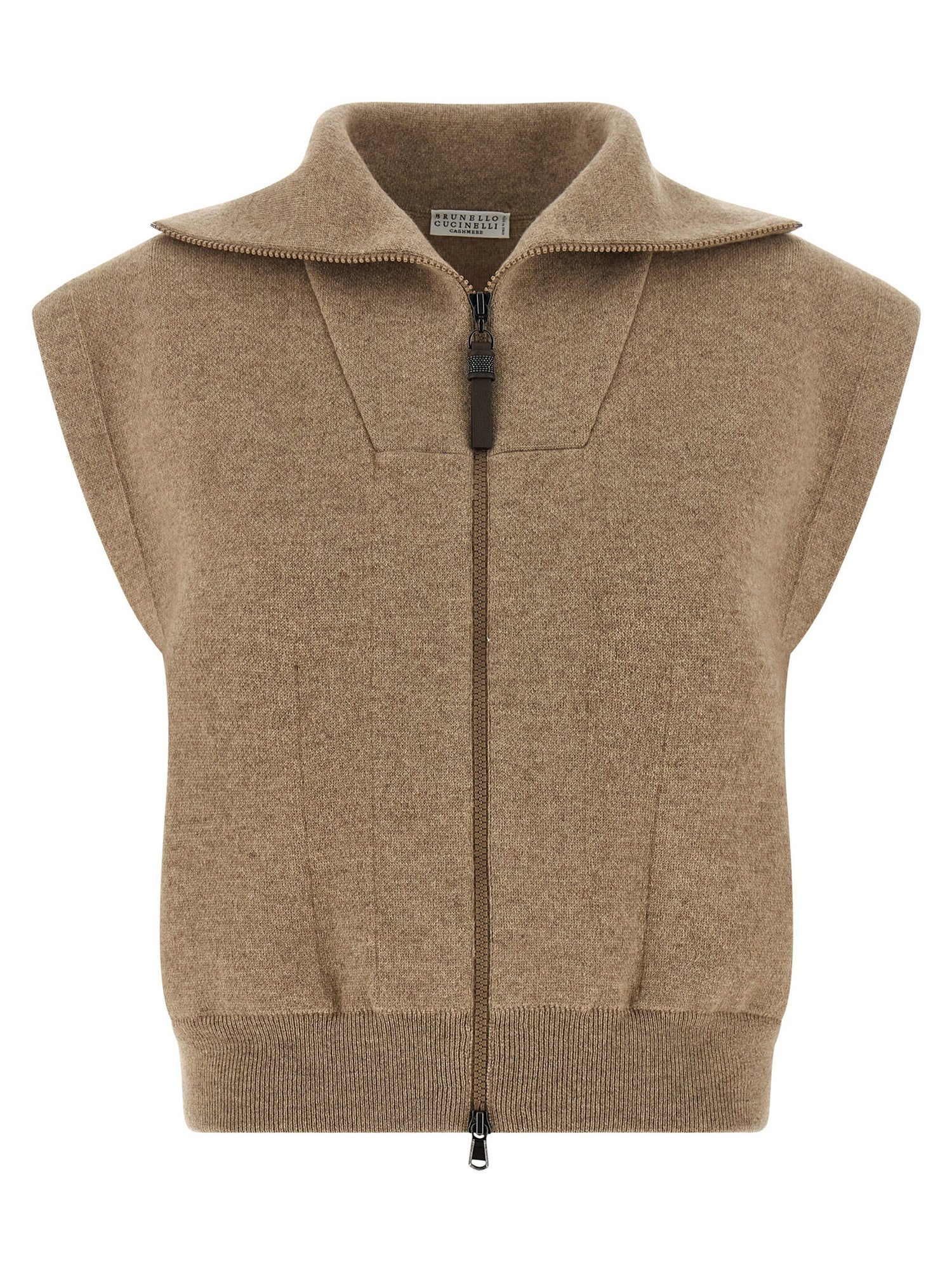 Brunello Cucinelli Shiny Zipper Pull Vest Beige