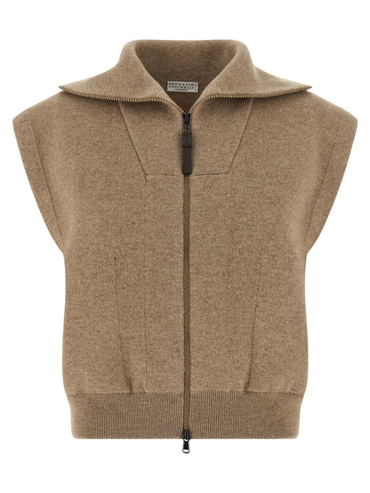 Brunello Cucinelli Shiny Zipper Pull Vest Beige