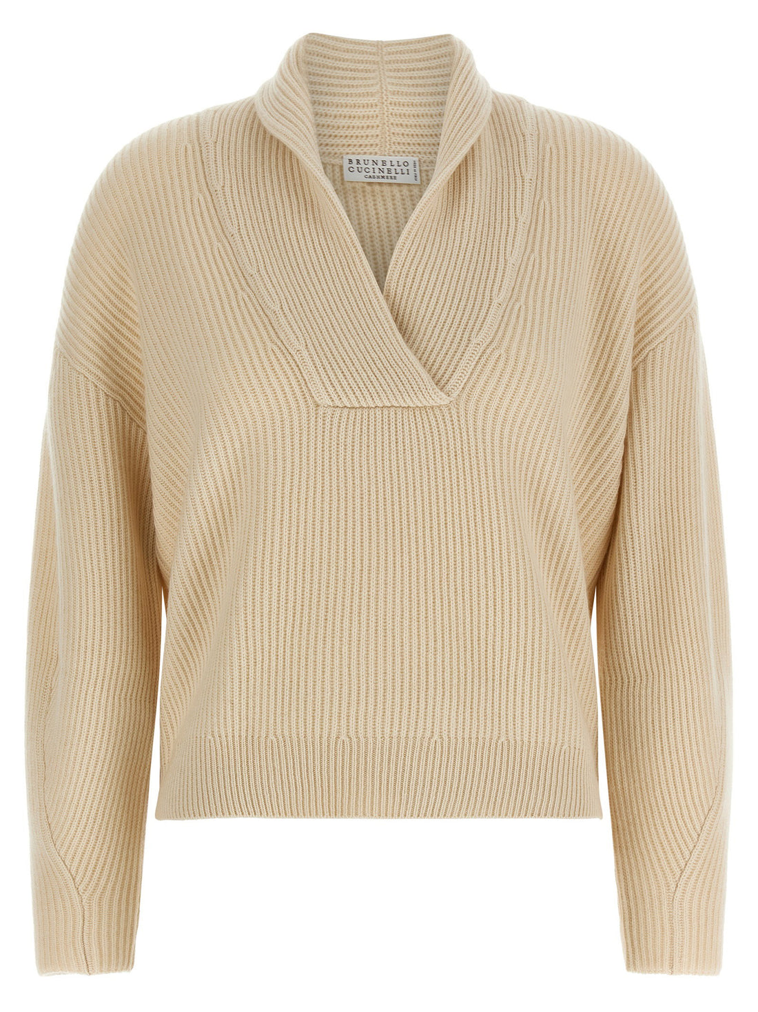 Brunello Cucinelli Shawl Neck Ribbed Sweater Beige