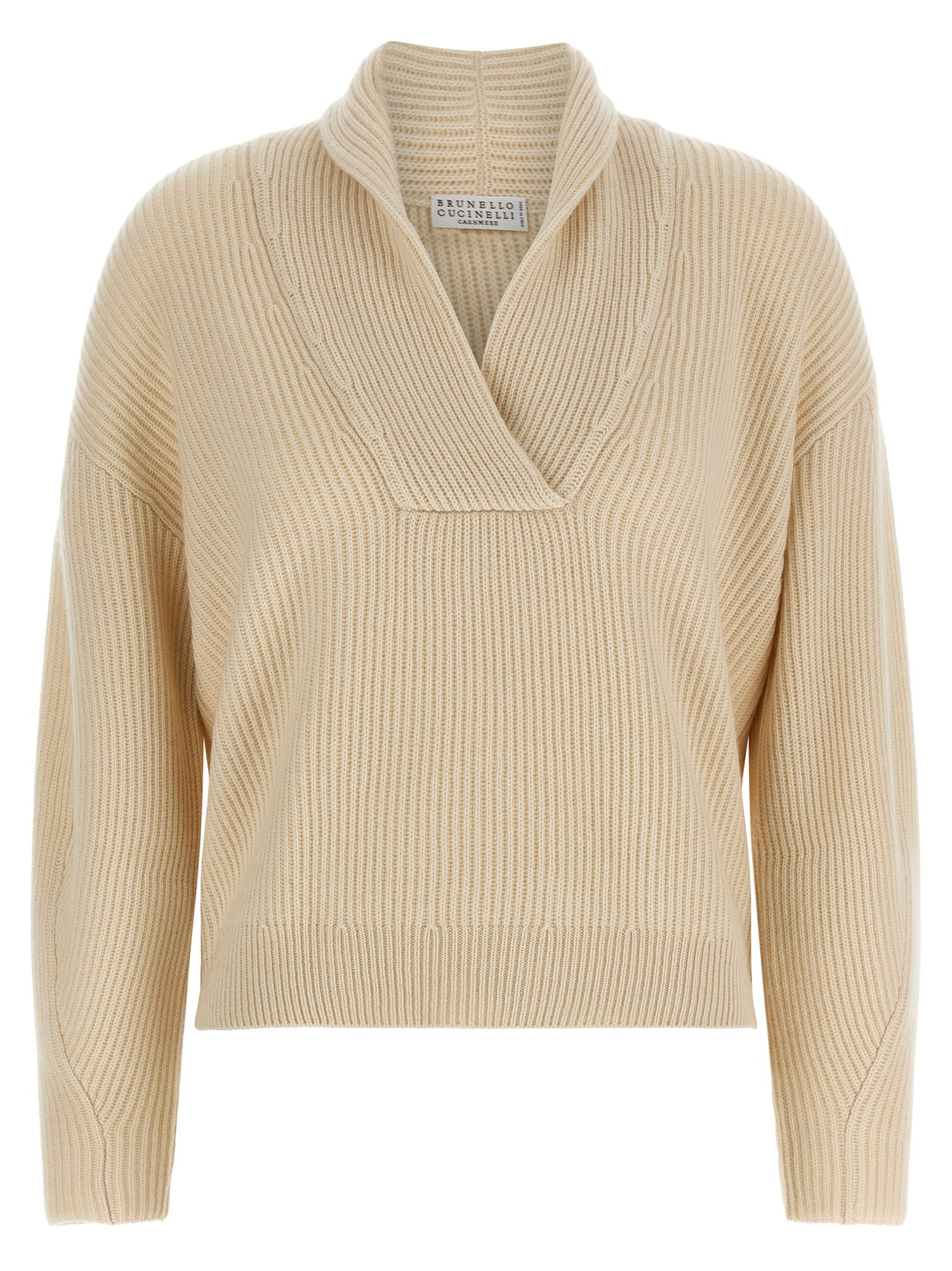 Brunello Cucinelli Shawl Neck Ribbed Sweater Beige