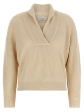 Brunello Cucinelli Shawl Neck Ribbed Sweater Beige