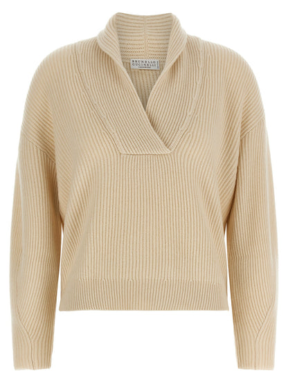Brunello Cucinelli Shawl Neck Ribbed Sweater Beige