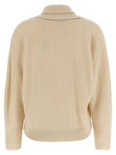 Brunello Cucinelli Shawl Neck Ribbed Sweater Beige