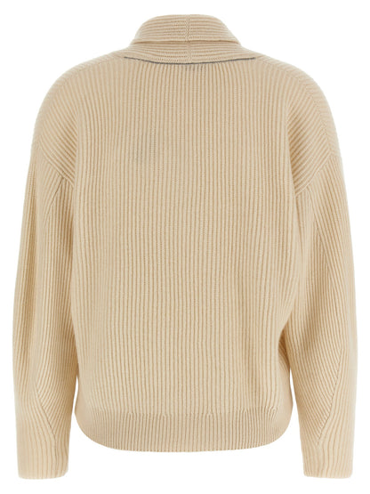Brunello Cucinelli Shawl Neck Ribbed Sweater Beige