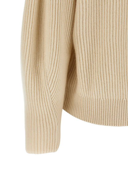 Brunello Cucinelli Shawl Neck Ribbed Sweater Beige