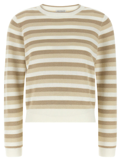 Brunello Cucinelli Striped Cotton Sweater Beige